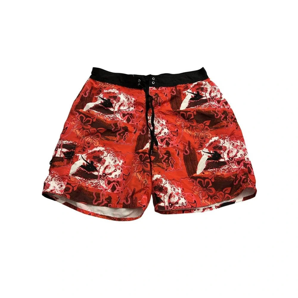 Vintage Sexy Kanu Surf‎ Board Shorts Mens 36 Red Tropical Surfer Print Excellent